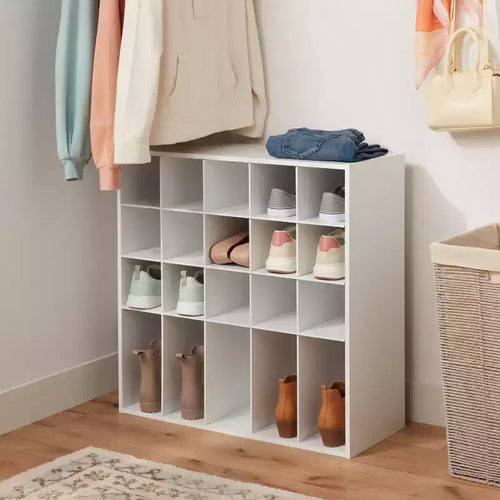Scarpiera impilabile a 4 ripiani in laminato bianco - ™: Scarpiera organizer, Contiene 20 paia, Laminato di legno, Autoportante