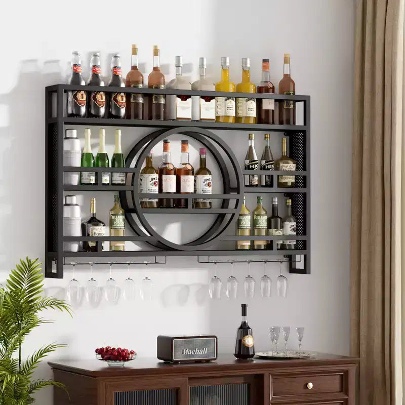 Bekrvio 3-Tier Wall Mounted Wine Rack, 39in/47in Metal Floating Bar Shelves with Wine Glass Holder, Industrial Liquor Shelf for Home Bar
