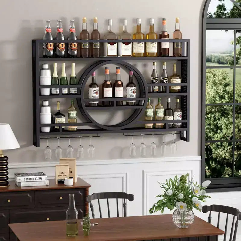 Cantinetta da Muro a 3 Livelli, Scaffali Galleggianti in Metallo da 99cm/119cm con Porta Bicchieri da Vino, Scaffale per Liquori Industriale per Bar di Casa