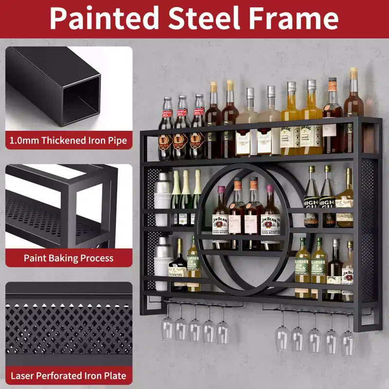 Cantinetta da Muro a 3 Livelli, Scaffali Galleggianti in Metallo da 99cm/119cm con Porta Bicchieri da Vino, Scaffale per Liquori Industriale per Bar di Casa