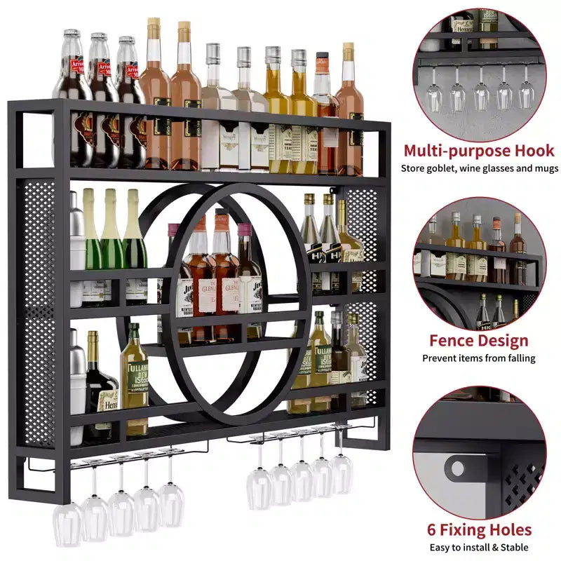 Cantinetta da Muro a 3 Livelli, Scaffali Galleggianti in Metallo da 99cm/119cm con Porta Bicchieri da Vino, Scaffale per Liquori Industriale per Bar di Casa