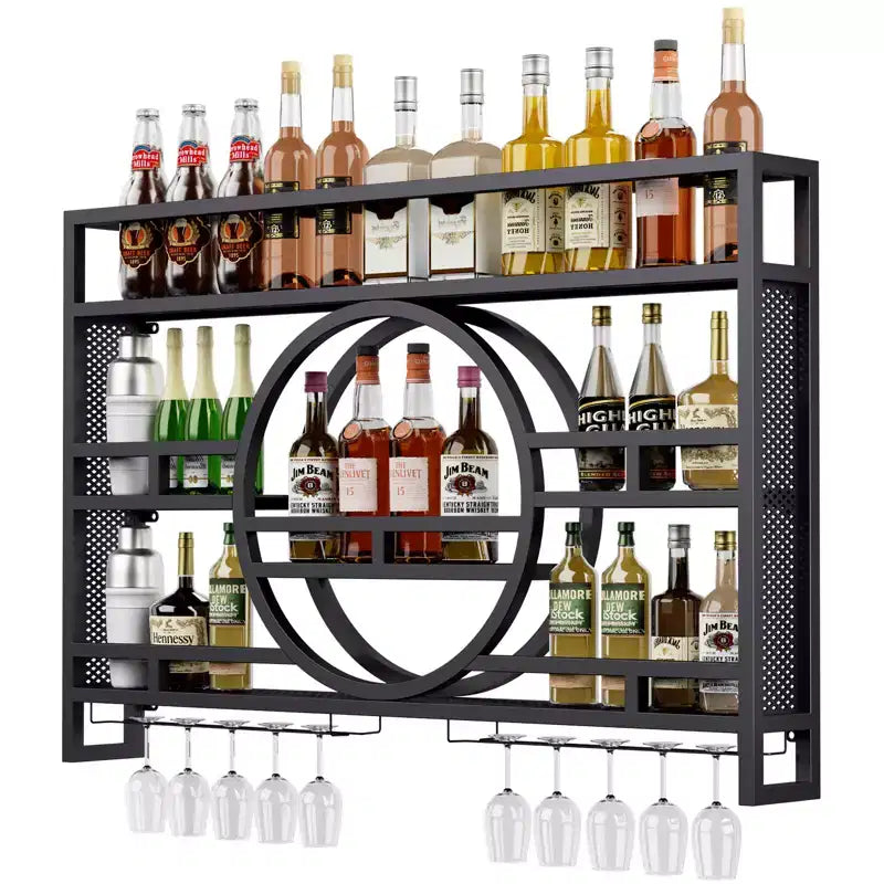 Cantinetta da Muro a 3 Livelli, Scaffali Galleggianti in Metallo da 99cm/119cm con Porta Bicchieri da Vino, Scaffale per Liquori Industriale per Bar di Casa