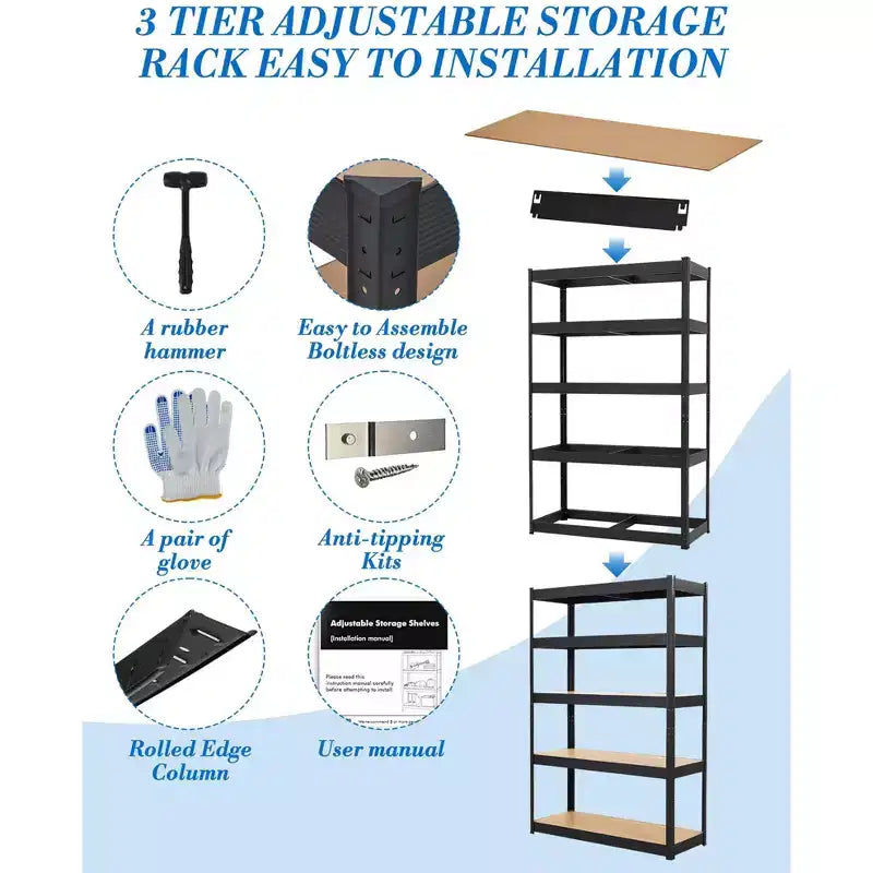 Scaffale da garage 36x18x72, scaffali regolabili in metallo resistente, scaffalatura a 5 ripiani, capacità 2500 libbre, acciaio di livello industriale con pannelli in MDF