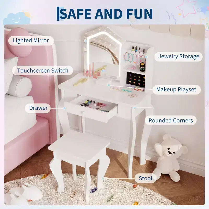 Set Tocador per Bambine con Sgabello (3-8 anni) - ideale per Camera da Letto o Stanza dei Giochi