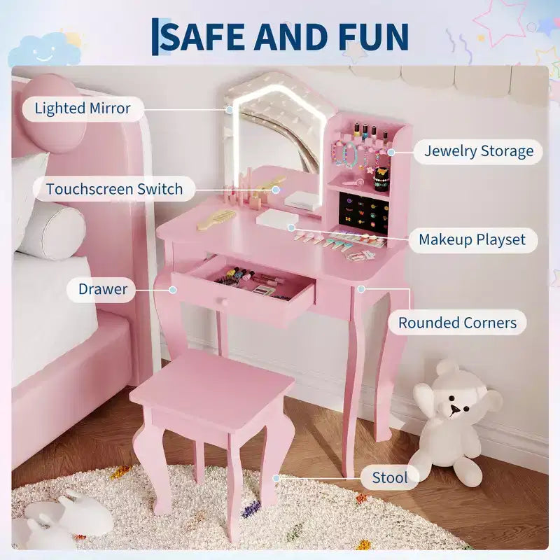 Set Tocador per Bambine con Sgabello (3-8 anni) - ideale per Camera da Letto o Stanza dei Giochi