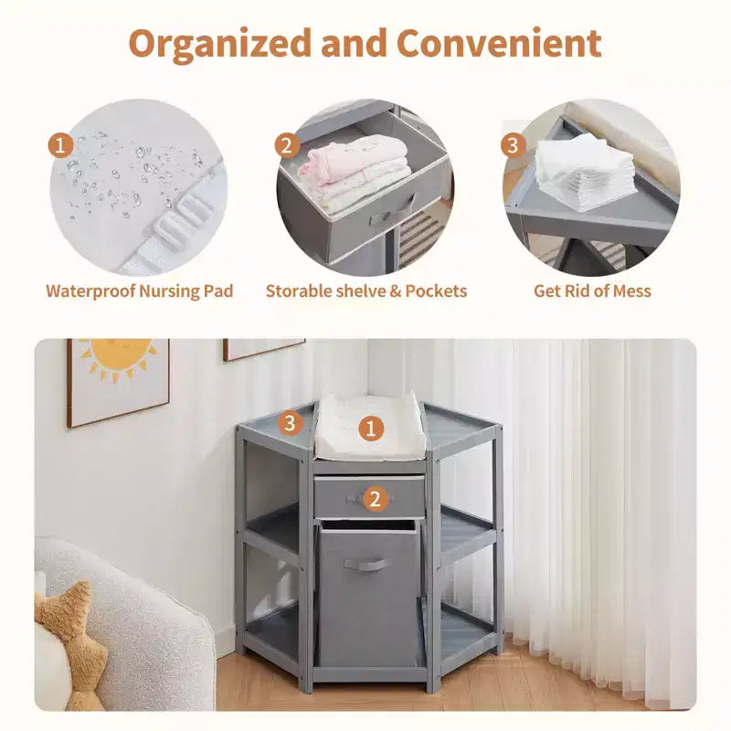 Fasciatoio salvaspazio ad angolo con cassetto portaoggetti, cesto portabiancheria e fasciatoio impermeabile, fasciatoio moderno in legno per la cameretta dei bambini, grigio