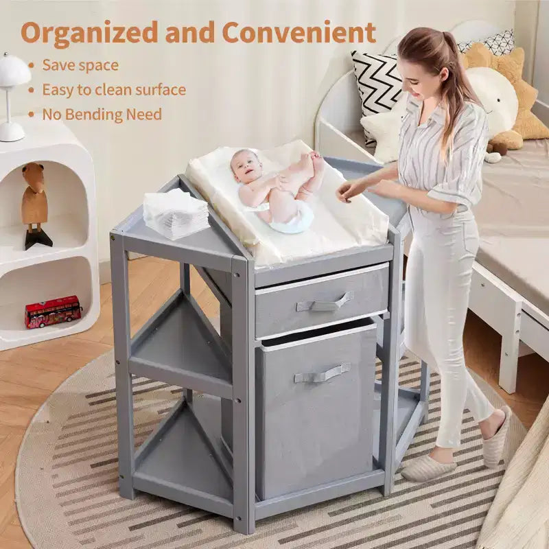 Fasciatoio salvaspazio ad angolo con cassetto portaoggetti, cesto portabiancheria e fasciatoio impermeabile, fasciatoio moderno in legno per la cameretta dei bambini, grigio
