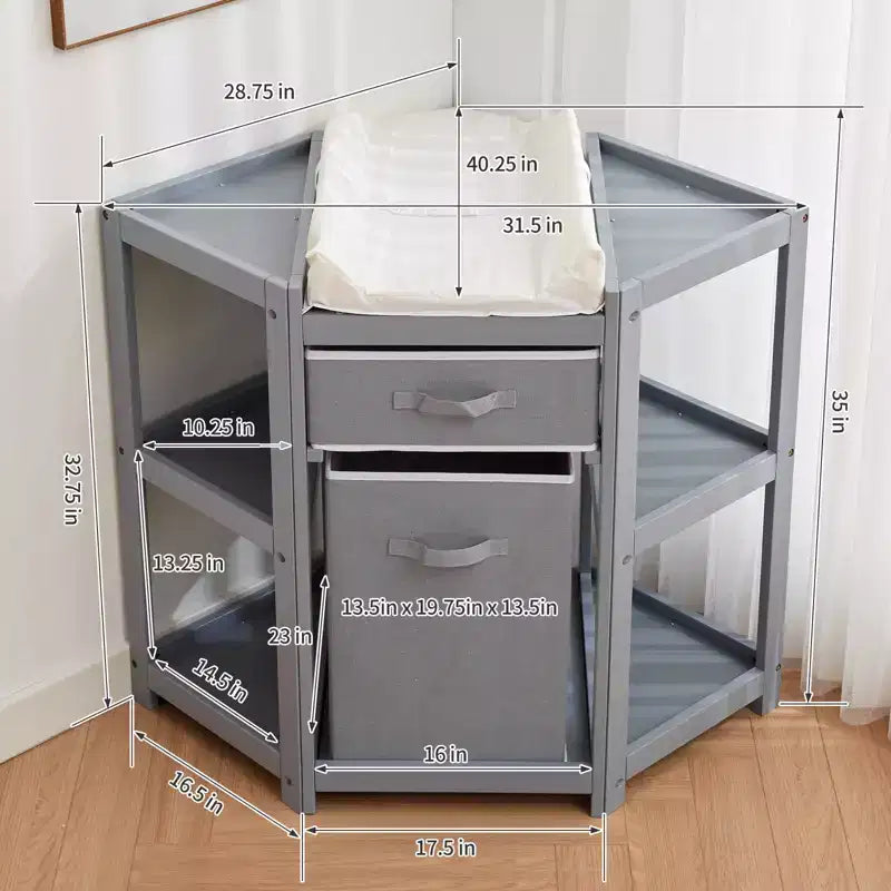 Fasciatoio salvaspazio ad angolo con cassetto portaoggetti, cesto portabiancheria e fasciatoio impermeabile, fasciatoio moderno in legno per la cameretta dei bambini, grigio