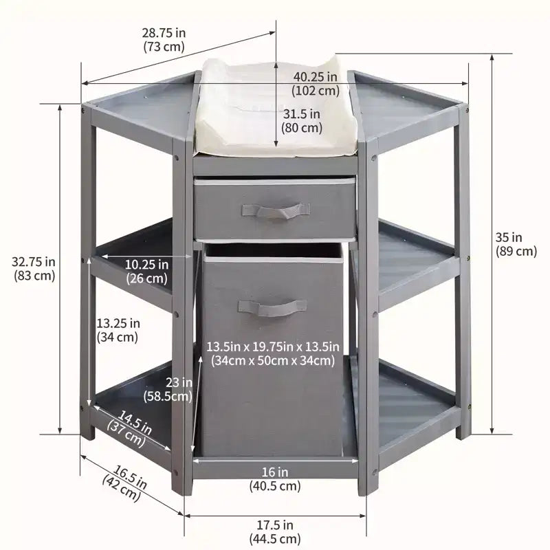 Fasciatoio salvaspazio ad angolo con cassetto portaoggetti, cesto portabiancheria e fasciatoio impermeabile, fasciatoio moderno in legno per la cameretta dei bambini, grigio