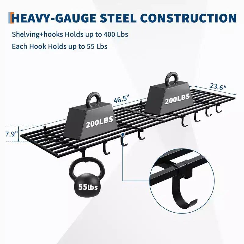 Scaffali a muro per garage resistenti, confezione da 2, 60x120 cm, ripiano in metallo montato a parete con ganci, capacità di 90 kg ciascuno, salvaspazio per garage/officina/casa, facile installazione
