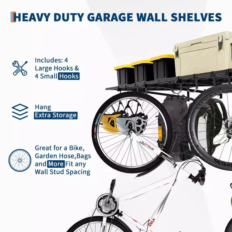 Scaffali a muro per garage resistenti, confezione da 2, 60x120 cm, ripiano in metallo montato a parete con ganci, capacità di 90 kg ciascuno, salvaspazio per garage/officina/casa, facile installazione