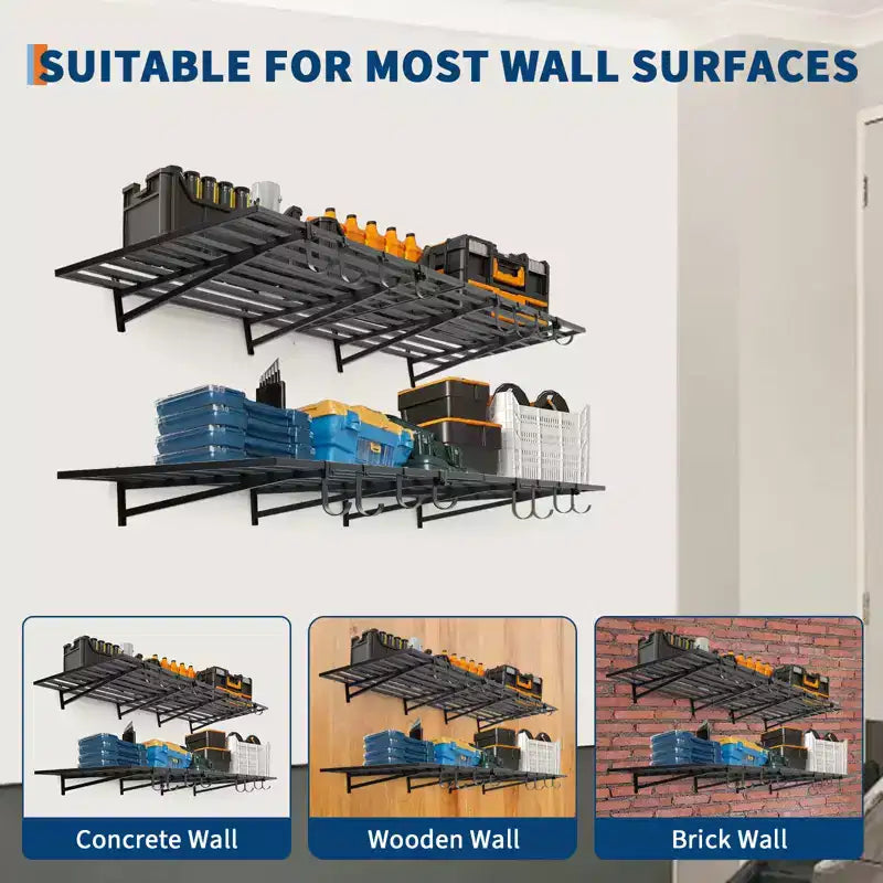 Scaffali a muro per garage resistenti, confezione da 2, 60x120 cm, ripiano in metallo montato a parete con ganci, capacità di 90 kg ciascuno, salvaspazio per garage/officina/casa, facile installazione