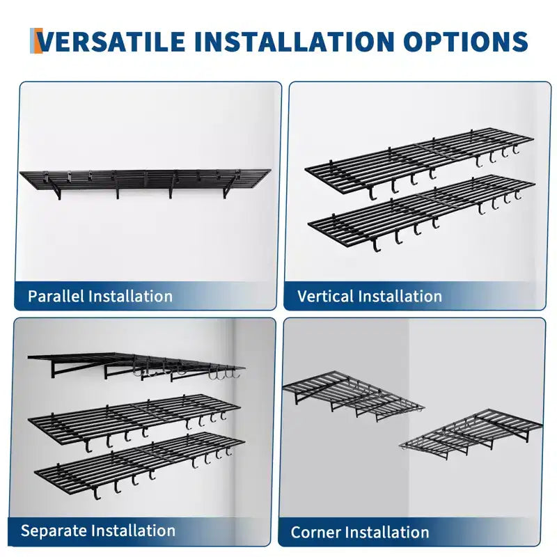 Scaffali a muro per garage resistenti, confezione da 2, 60x120 cm, ripiano in metallo montato a parete con ganci, capacità di 90 kg ciascuno, salvaspazio per garage/officina/casa, facile installazione