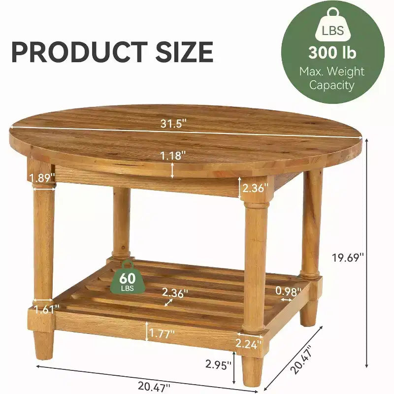 Tavolino da caffè rotondo Lantine, 31,5" in legno massello stile rustico con vano portaoggetti, tavolino da tè a 2 ripiani per soggiorno, piccoli spazi, appartamento