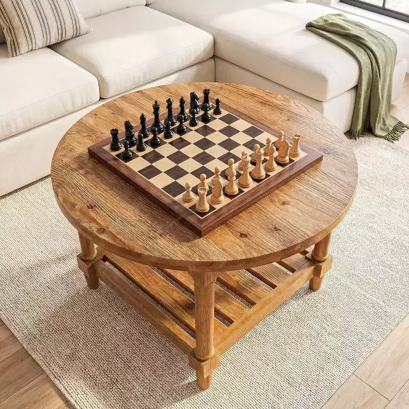 Tavolino da caffè rotondo Lantine, 31,5" in legno massello stile rustico con vano portaoggetti, tavolino da tè a 2 ripiani per soggiorno, piccoli spazi, appartamento