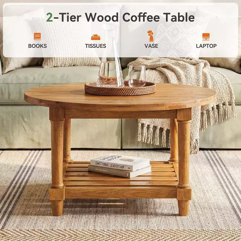 Tavolino da caffè rotondo Lantine, 31,5" in legno massello stile rustico con vano portaoggetti, tavolino da tè a 2 ripiani per soggiorno, piccoli spazi, appartamento