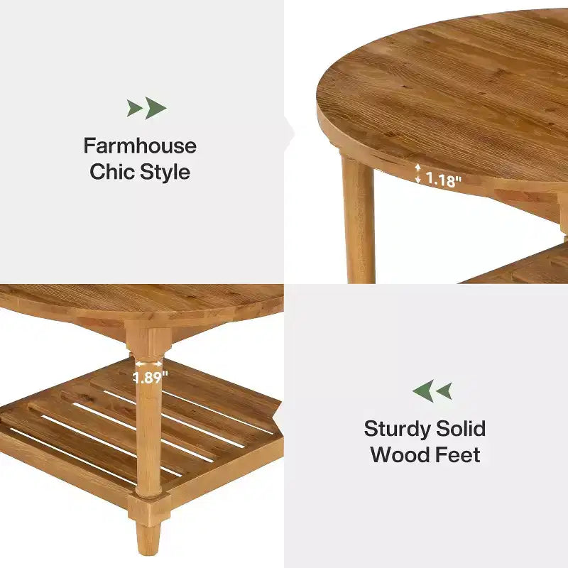 Tavolino da caffè rotondo Lantine, 31,5" in legno massello stile rustico con vano portaoggetti, tavolino da tè a 2 ripiani per soggiorno, piccoli spazi, appartamento