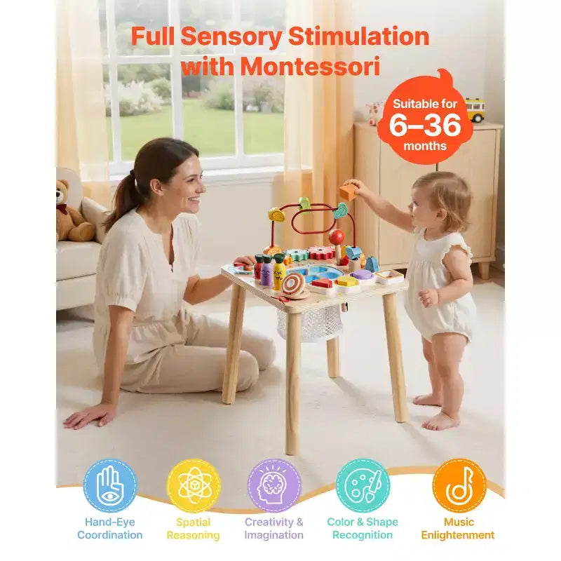 Tavolo Attività Montessori Vevor per Bambini 1-3 Anni, Scrivania Didattica in Legno 8 in 1, Tavolo da Gioco per Bambini e Bambine dai 6+ Mesi, Multicolore