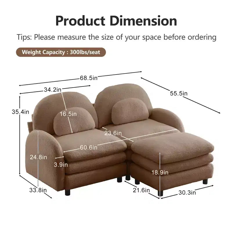 Divano Sezionale Steini Modern 117 a 2 Posti Rivestito in Tessuto Teddy con Cuscini Lombari Curvi e Pouf Rimovibile