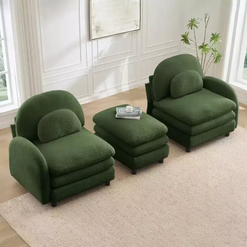 Divano Sezionale Steini Modern 117 a 2 Posti Rivestito in Tessuto Teddy con Cuscini Lombari Curvi e Pouf Rimovibile