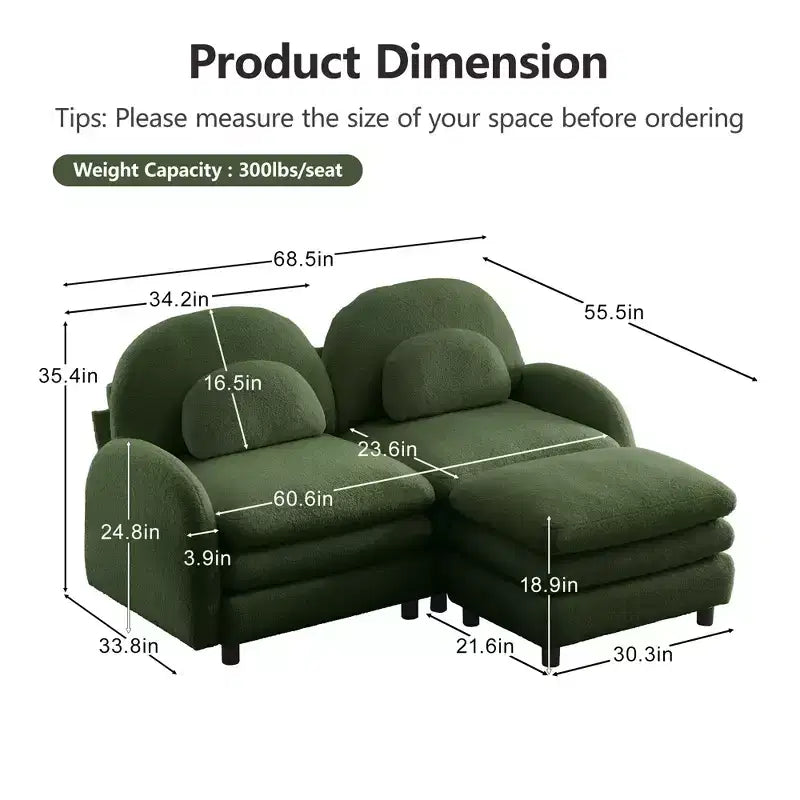 Divano Sezionale Steini Modern 117 a 2 Posti Rivestito in Tessuto Teddy con Cuscini Lombari Curvi e Pouf Rimovibile