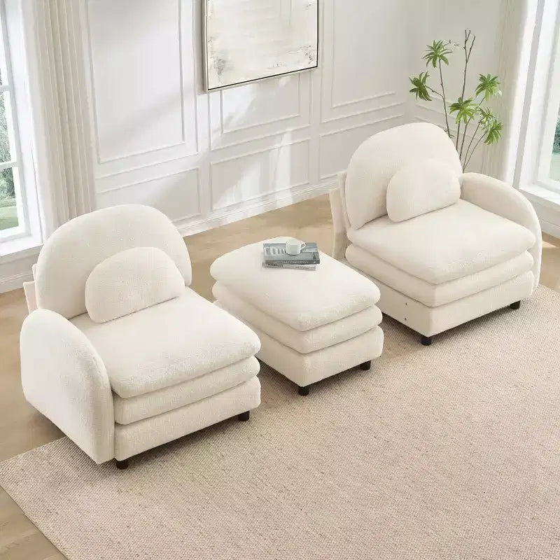 Divano Sezionale Steini Modern 117 a 2 Posti Rivestito in Tessuto Teddy con Cuscini Lombari Curvi e Pouf Rimovibile