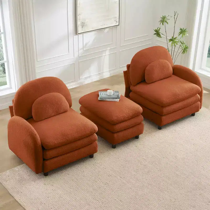 Divano Sezionale Steini Modern 117 a 2 Posti Rivestito in Tessuto Teddy con Cuscini Lombari Curvi e Pouf Rimovibile