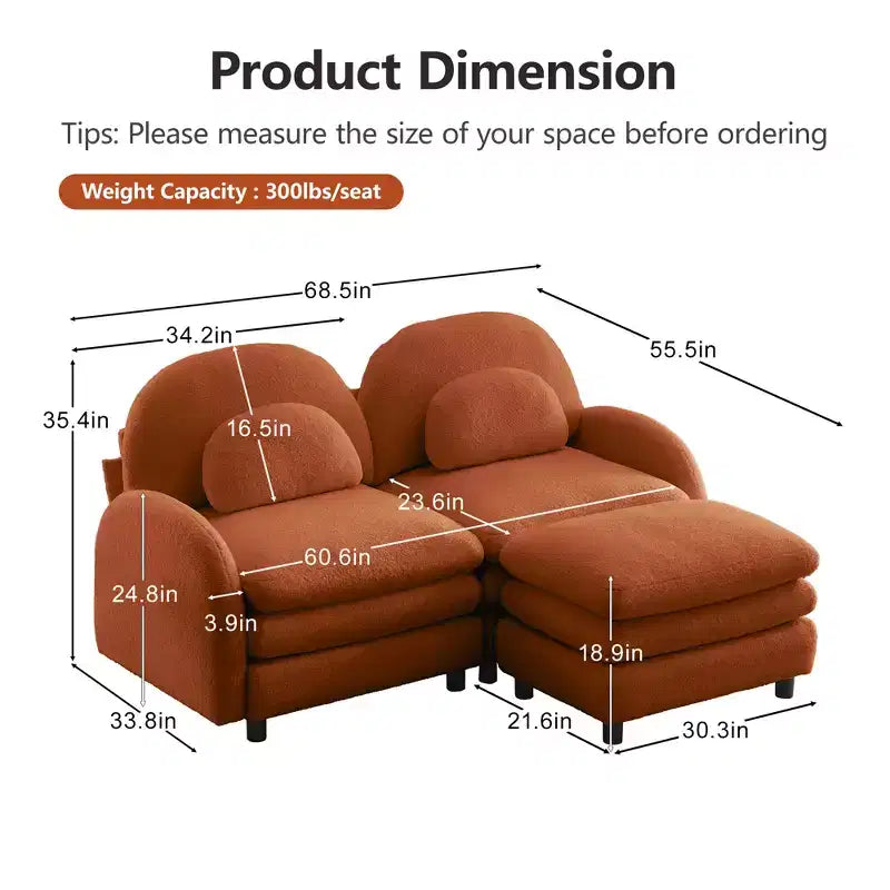 Divano Sezionale Steini Modern 117 a 2 Posti Rivestito in Tessuto Teddy con Cuscini Lombari Curvi e Pouf Rimovibile