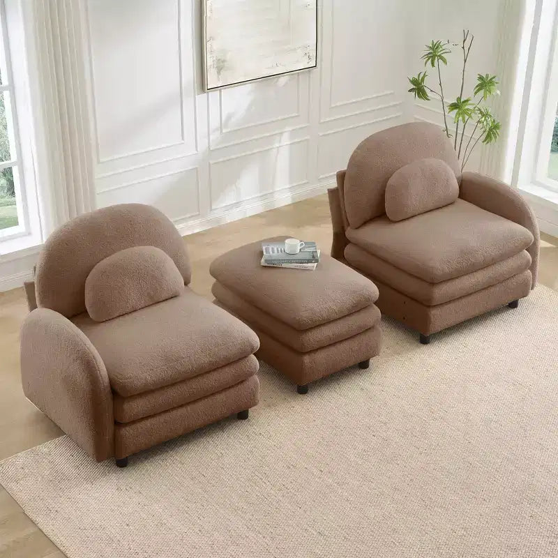 Divano Sezionale Steini Modern 117 a 2 Posti Rivestito in Tessuto Teddy con Cuscini Lombari Curvi e Pouf Rimovibile