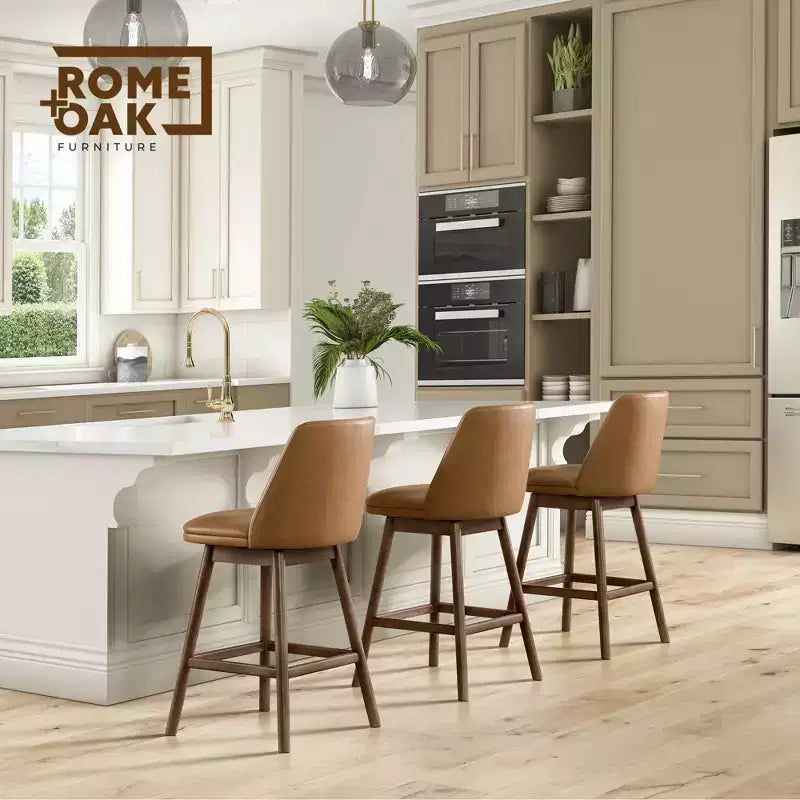 Sgabello da bancone girevole Rome + Oak Rowan 26, finitura noce e pelle marrone, confezione da 4
