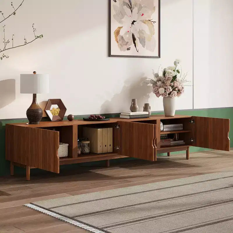 87 Supporto TV per TV fino a 90, Mobile TV Mobile Media Mobile TV Mobile Intrattenimento con Anta Scanalata con Chiusura Ammortizzata e Gambe in Legno Massello - Modernluxe