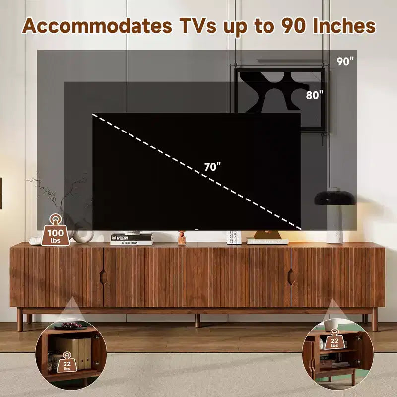 87 Supporto TV per TV fino a 90, Mobile TV Mobile Media Mobile TV Mobile Intrattenimento con Anta Scanalata con Chiusura Ammortizzata e Gambe in Legno Massello - Modernluxe