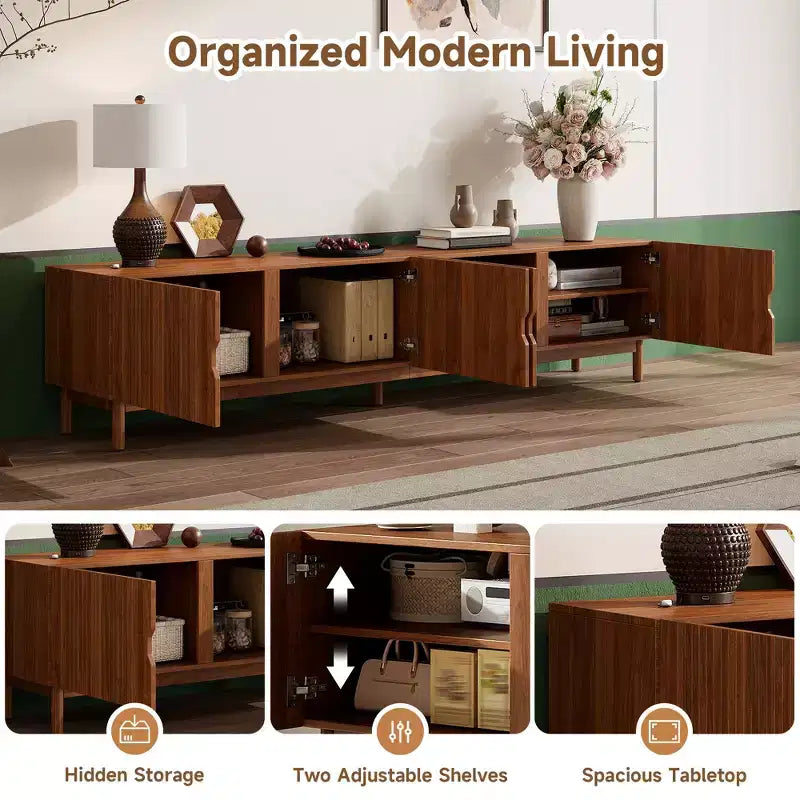 87 Supporto TV per TV fino a 90, Mobile TV Mobile Media Mobile TV Mobile Intrattenimento con Anta Scanalata con Chiusura Ammortizzata e Gambe in Legno Massello - Modernluxe