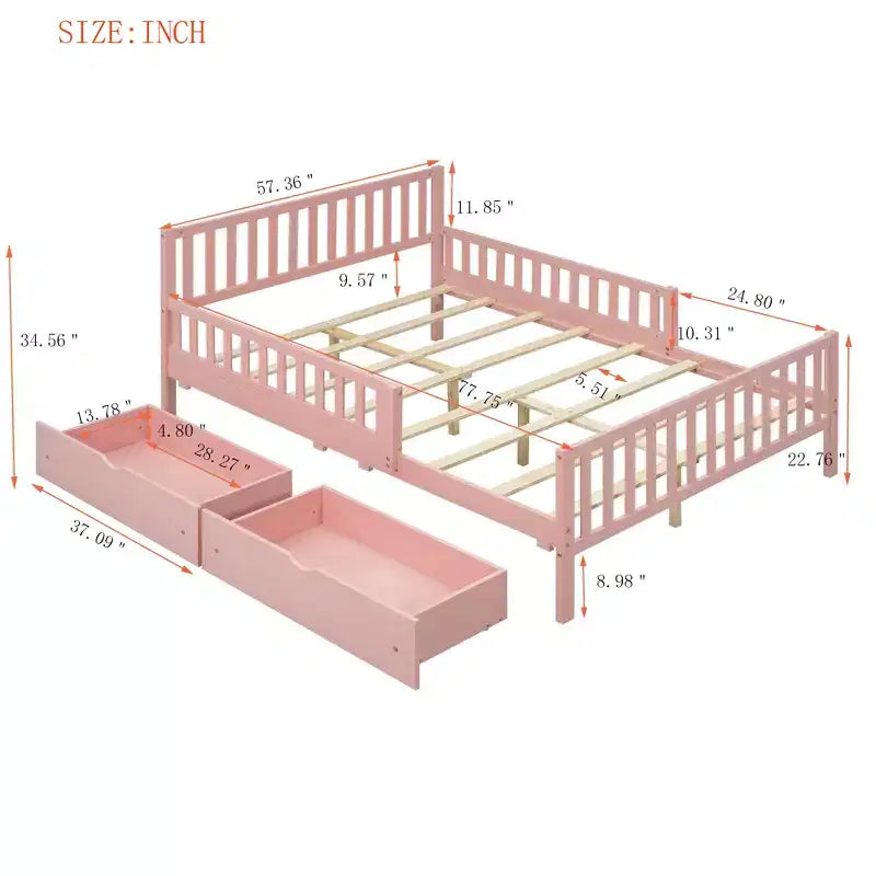 Letto a piattaforma in legno massiccio con sponde di sicurezza e 2 cassetti portaoggetti, rosa