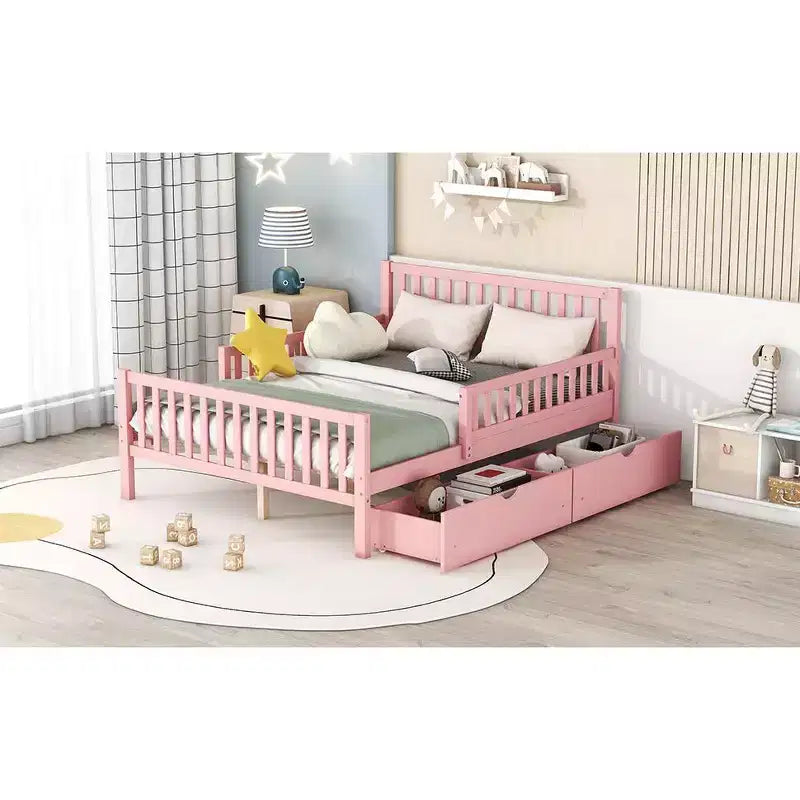Letto a piattaforma in legno massiccio con sponde di sicurezza e 2 cassetti portaoggetti, rosa