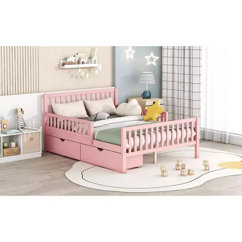 Letto a piattaforma in legno massiccio con sponde di sicurezza e 2 cassetti portaoggetti, rosa