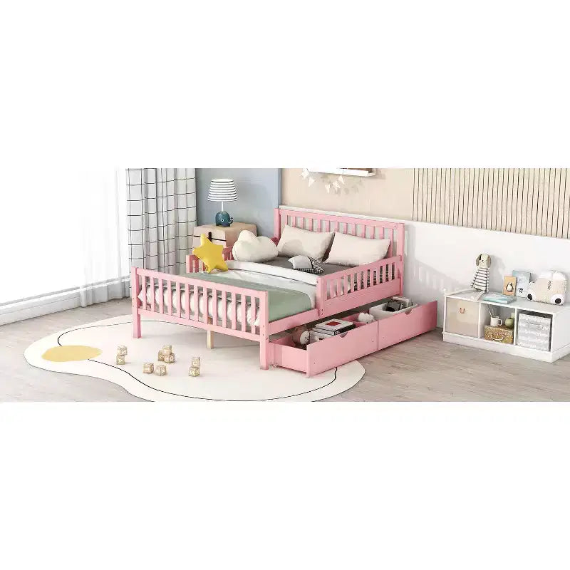 Letto a piattaforma in legno massiccio con sponde di sicurezza e 2 cassetti portaoggetti, rosa