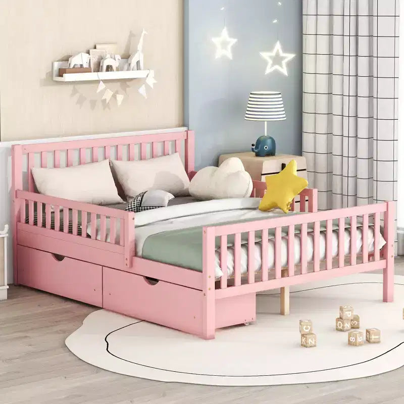 Letto a piattaforma in legno massiccio con sponde di sicurezza e 2 cassetti portaoggetti, rosa