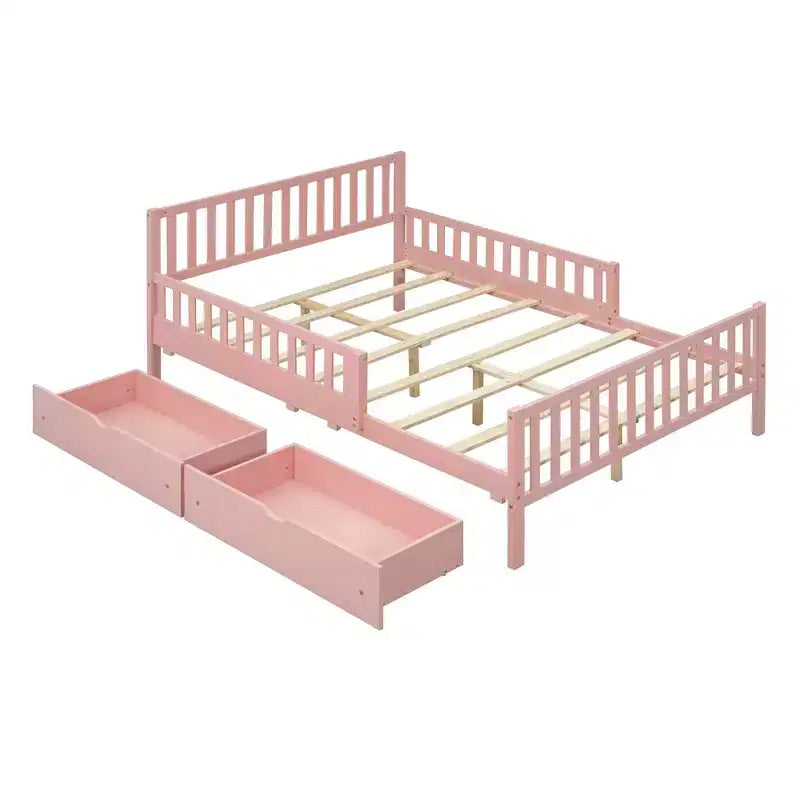 Letto a piattaforma in legno massiccio con sponde di sicurezza e 2 cassetti portaoggetti, rosa