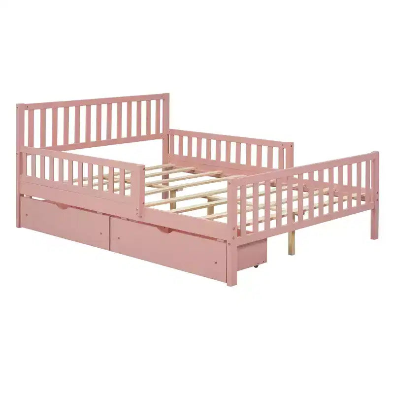 Letto a piattaforma in legno massiccio con sponde di sicurezza e 2 cassetti portaoggetti, rosa