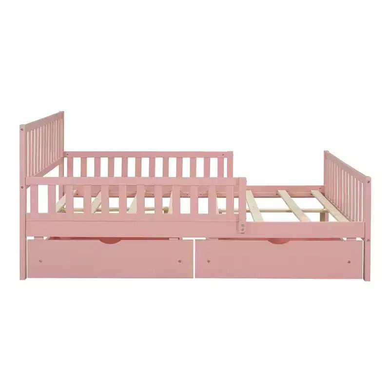 Letto a piattaforma in legno massiccio con sponde di sicurezza e 2 cassetti portaoggetti, rosa