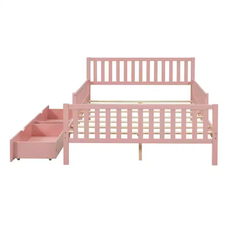 Letto a piattaforma in legno massiccio con sponde di sicurezza e 2 cassetti portaoggetti, rosa