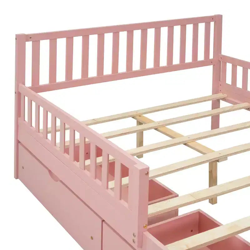 Letto a piattaforma in legno massiccio con sponde di sicurezza e 2 cassetti portaoggetti, rosa