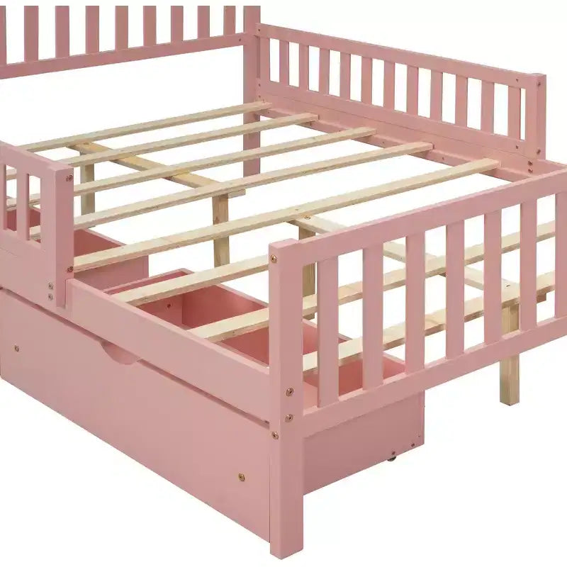 Letto a piattaforma in legno massiccio con sponde di sicurezza e 2 cassetti portaoggetti, rosa