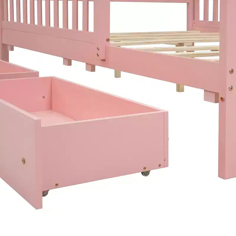 Letto a piattaforma in legno massiccio con sponde di sicurezza e 2 cassetti portaoggetti, rosa