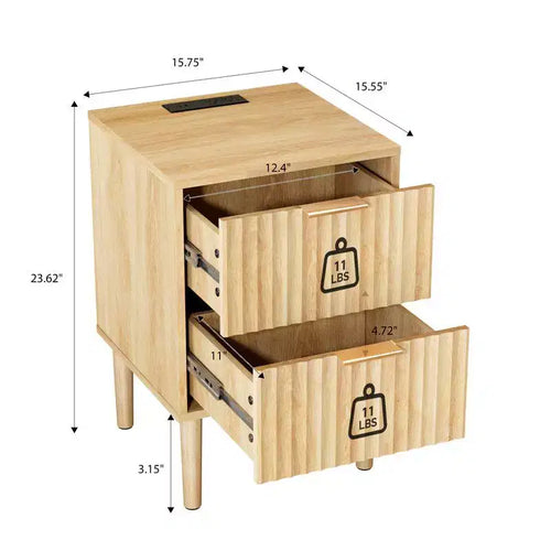 Comodino in rovere da 40 cm, MDF P2 da 15 mm, melaminico e termoformatura, 2 cassetti, presa USA (1 USB+1 Type-C+2 AC)