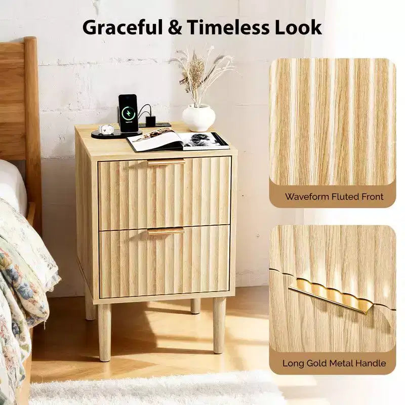 Comodino in rovere da 40 cm, MDF P2 da 15 mm, melaminico e termoformatura, 2 cassetti, presa USA (1 USB+1 Type-C+2 AC)