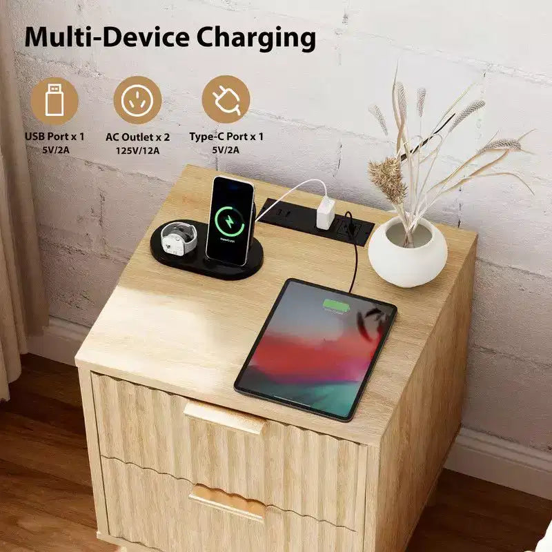Comodino in rovere da 40 cm, MDF P2 da 15 mm, melaminico e termoformatura, 2 cassetti, presa USA (1 USB+1 Type-C+2 AC)