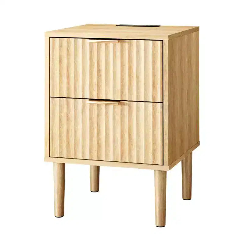 Comodino in rovere da 40 cm, MDF P2 da 15 mm, melaminico e termoformatura, 2 cassetti, presa USA (1 USB+1 Type-C+2 AC)