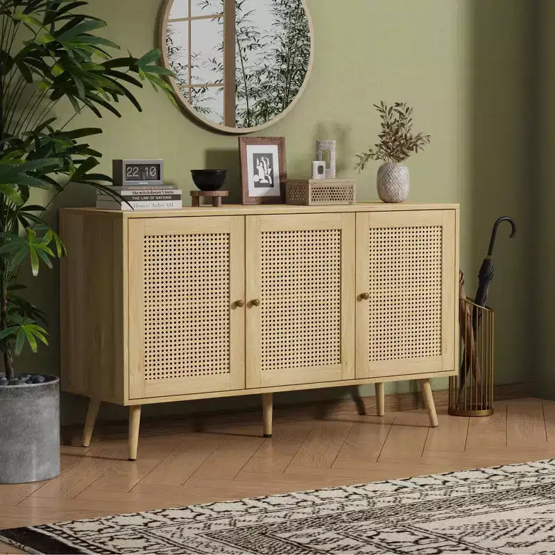Set di 2 tavolini da salotto, include mobile porta TV in rattan da 47 pollici per TV da 55 pollici, tavolino da caffè rustico con ripiano portaoggetti per camera da letto
